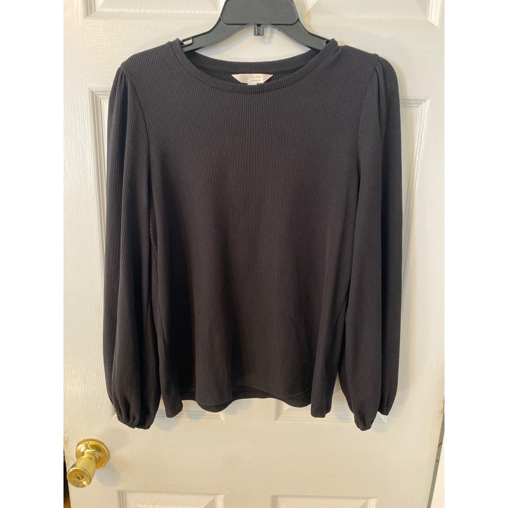 LC Lauren Conrad Black Ribbed Puff Sleeve Bishop Top Crew Neck Medium